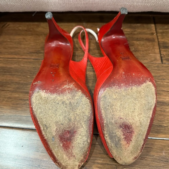 Women's Vintage 80s Bruno Magli Sling Open Toe Suede & Leather Red Heels 8 AA - Picture 7 of 7